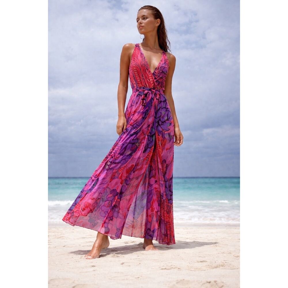 Dolcessa Tropical Print Silk Blend Maxi Dress Luxury Resort Wear Swim Coverup